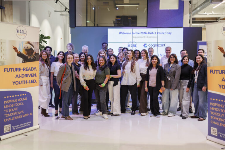 Group of AI4ALL Youth Career Day 2026 participants and volunteers posing together in front of a welcome screen